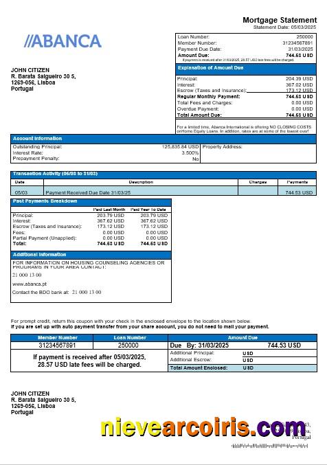 Portugal Abanca mortgage statement in Word and PDF format